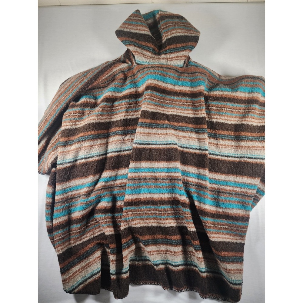 Bear Ridge Outfitters Poncho Women XL2X Brown Teal Striped Hooded Wool Blend USA - Picture 9 of 9